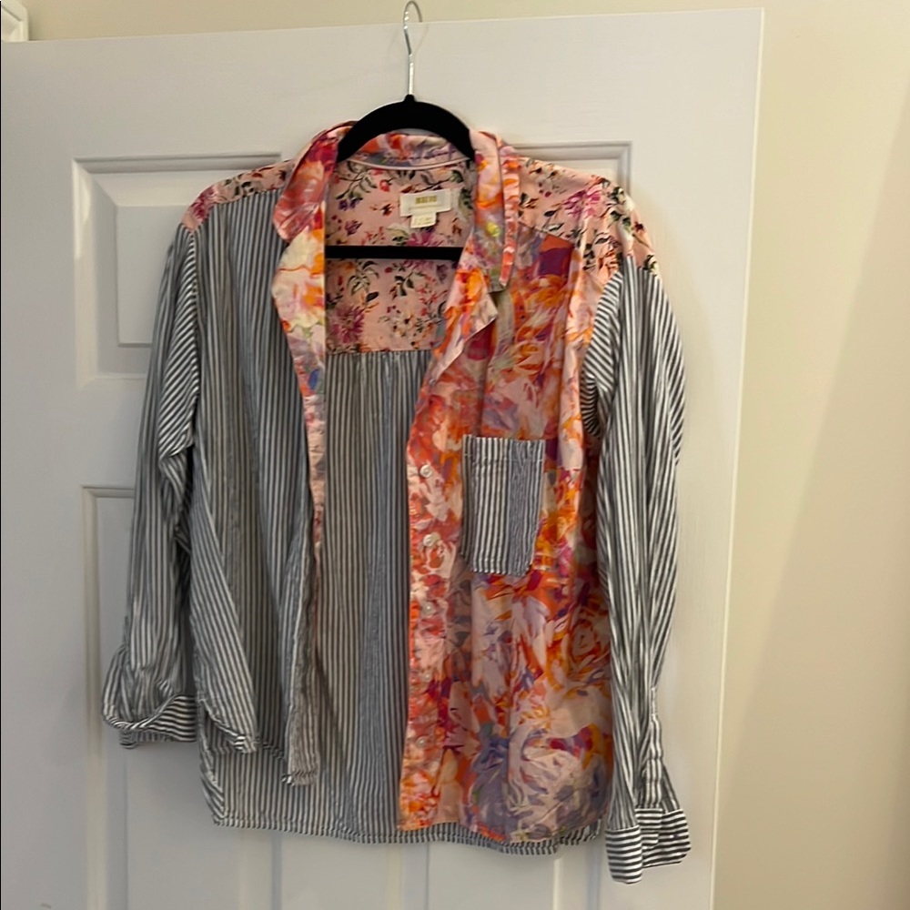 Maeve Pink Floral and Striped Button Down Shirt